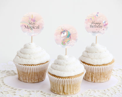 Unicorn Cupcake Toppers Printable, rainbow unicorn birthday party decor, cupcake toppers birthday party for girl, instant download corjl