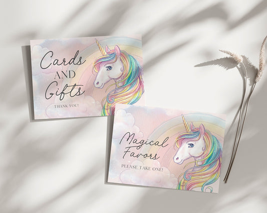 Unicorn Cards and Gifts Sign and Favors Sign Pritnable, Birthday Party Sign Unicorn Rainbow Unicorn Party for Girl Download Digital