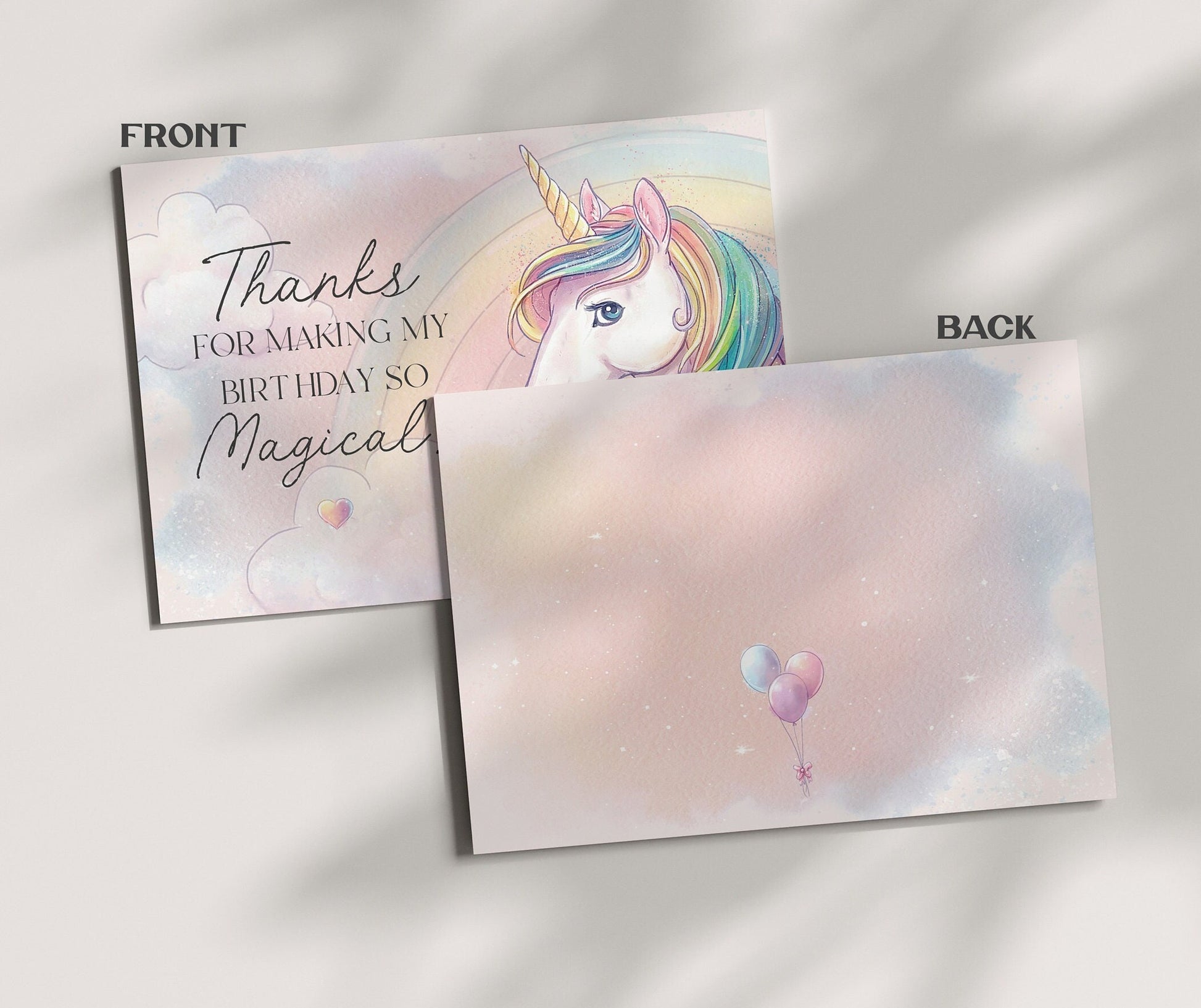 Unicorn Thank You Card Printable Template, rainbow unicorn birthday party, birthday party for girl magical unicorn birthday instant download