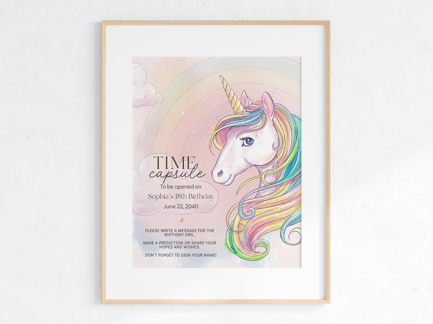 Unicorn First Birthday Party Time Capsule Printable Template, letters to the birthday girl, rainbow unicorn birthday for magical fairytale