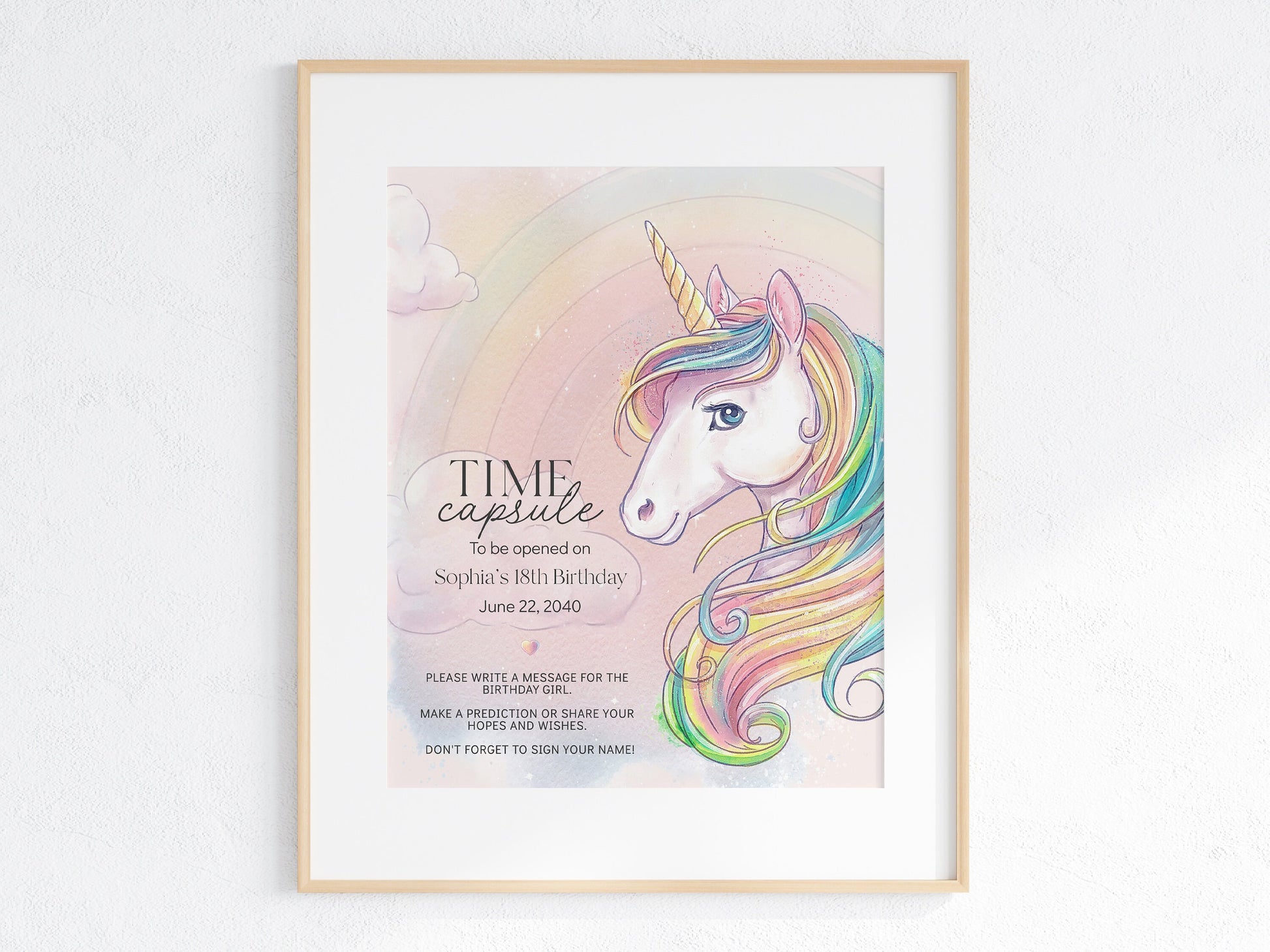 Unicorn First Birthday Party Time Capsule Printable Template, letters to the birthday girl, rainbow unicorn birthday for magical fairytale