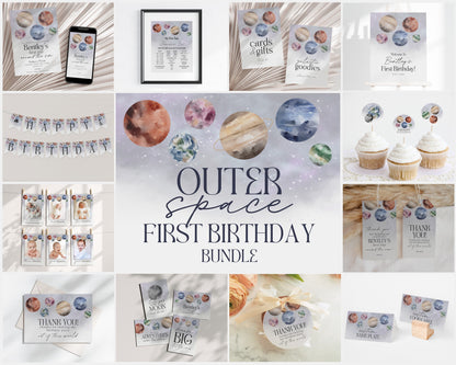 Outer Space First Birthday Party Printable Template, first trip around the sun, Space Invitation 1st Birthday Space Birthday Decor for Boy