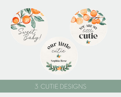 Little Cutie is on the Way Citrus Baby Shower Cupcake Toppers Printable, Clementine Orange gender neutral Baby Shower, tangerine baby shower