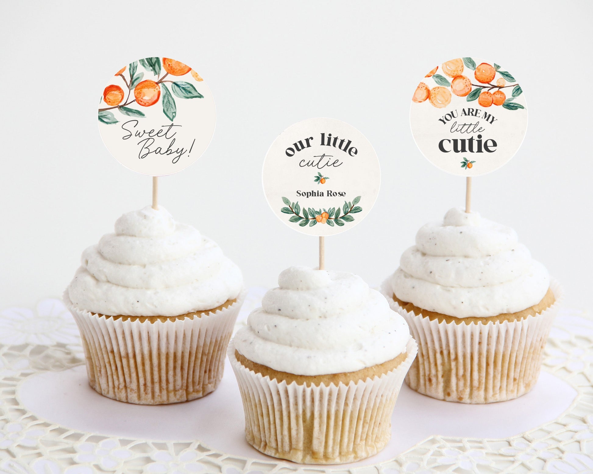 Little Cutie is on the Way Citrus Baby Shower Cupcake Toppers Printable, Clementine Orange gender neutral Baby Shower, tangerine baby shower