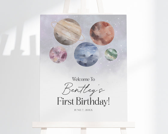 Outer Space Birthday Welcome Sign Template, first trip around the sun party Astronaut birthday party for boy Instant Download Galaxy Planets