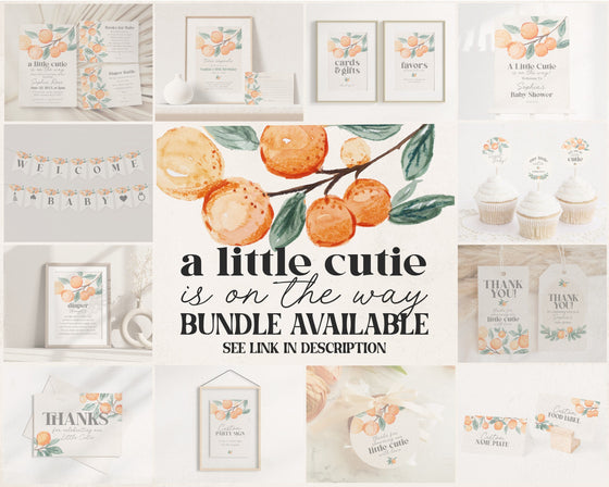 Little Cutie Favor Tags Printable Template, little cutie is on the way baby shower favors, orange cutie baby shower spring summer Circle tag