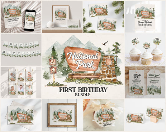 National Park First Birthday Bundle Printable, mountain woodland birthday party bundle editable adventure awaits outdoor birthday party