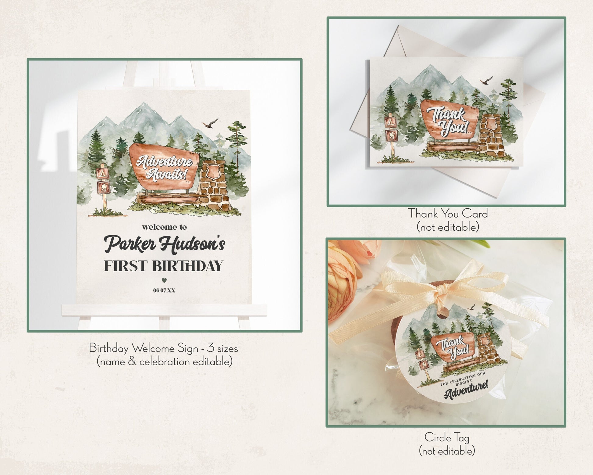 National Park First Birthday Bundle Printable, mountain woodland birthday party bundle editable adventure awaits outdoor birthday party