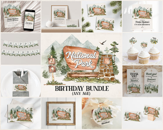 National Park Birthday Bundle Printable, mountain woodland birthday party bundle editable adventure awaits outdoor woodsy birthday party