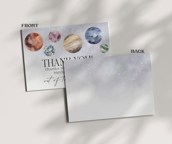 Outer Space Thank You Card Printable Template, trip around the sun boy birthday party, First birthday thank you card, Galaxy thank you note