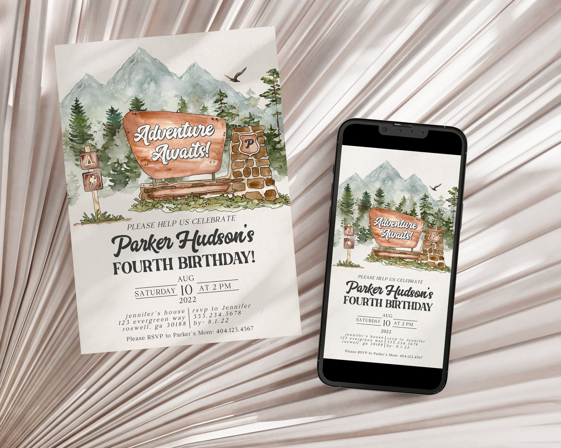 National Park Forest Woodland Theme Birthday Party Invitation Template, adventure awaits camping birthday party, woodsy birthday evite