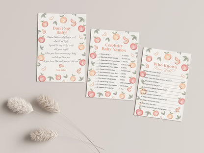 Sweet as a Peach printable peach baby shower games, spring or summer baby shower for girl, a little peach is on the way, fruit baby shower