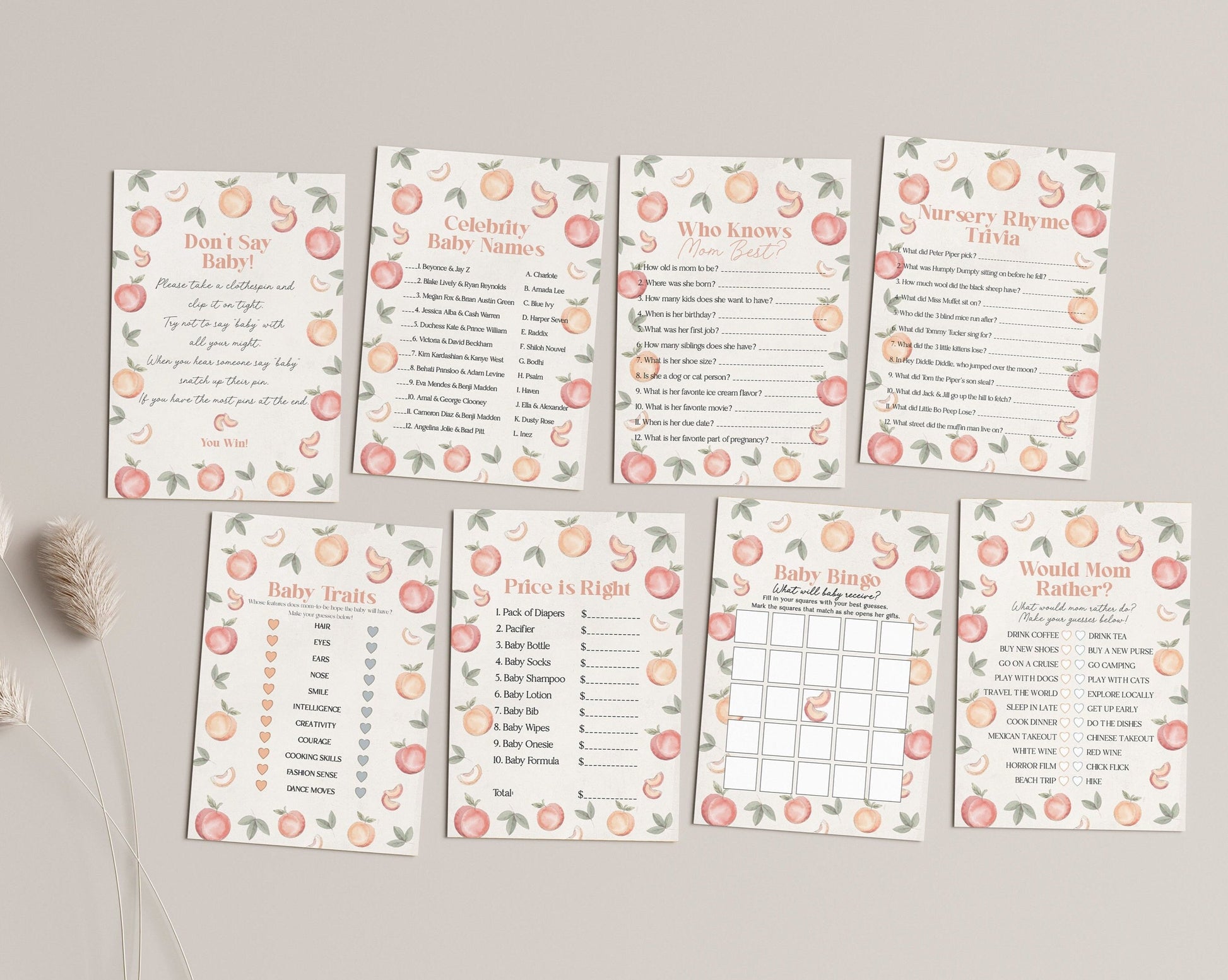 Sweet as a Peach printable peach baby shower games, spring or summer baby shower for girl, a little peach is on the way, fruit baby shower