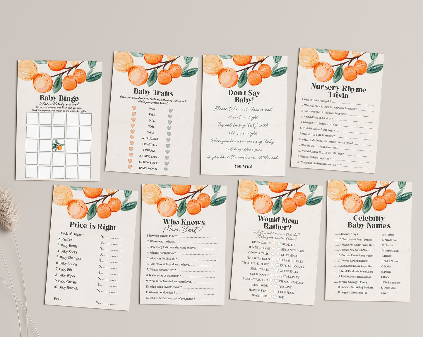 A little cutie is on the way, printable cutie baby shower games, orange citrus baby shower, spring or summer gender neutral baby shower