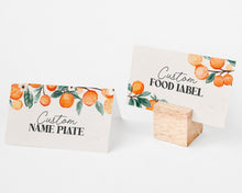  Little Cutie is on the Way Orange Citrus Place Cards Printable, editable guest name buffet food label, cutie baby shower, main squeeze