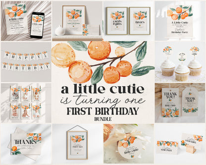 Little Cutie is Turning One Citrus First Birthday Bundle Printable, cutie birthday party, spring summer birthday, orange birthday party girl