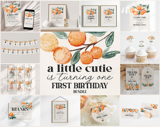 Little Cutie is Turning One Citrus First Birthday Bundle Printable, cutie birthday party, spring summer birthday, orange birthday party girl