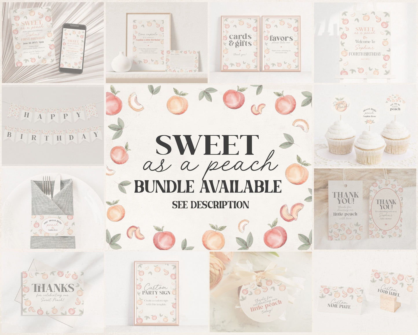 Sweet as a Peach Place Cards Printable Template, editable buffet food label name plate, peach baby shower, spring summer birthday party