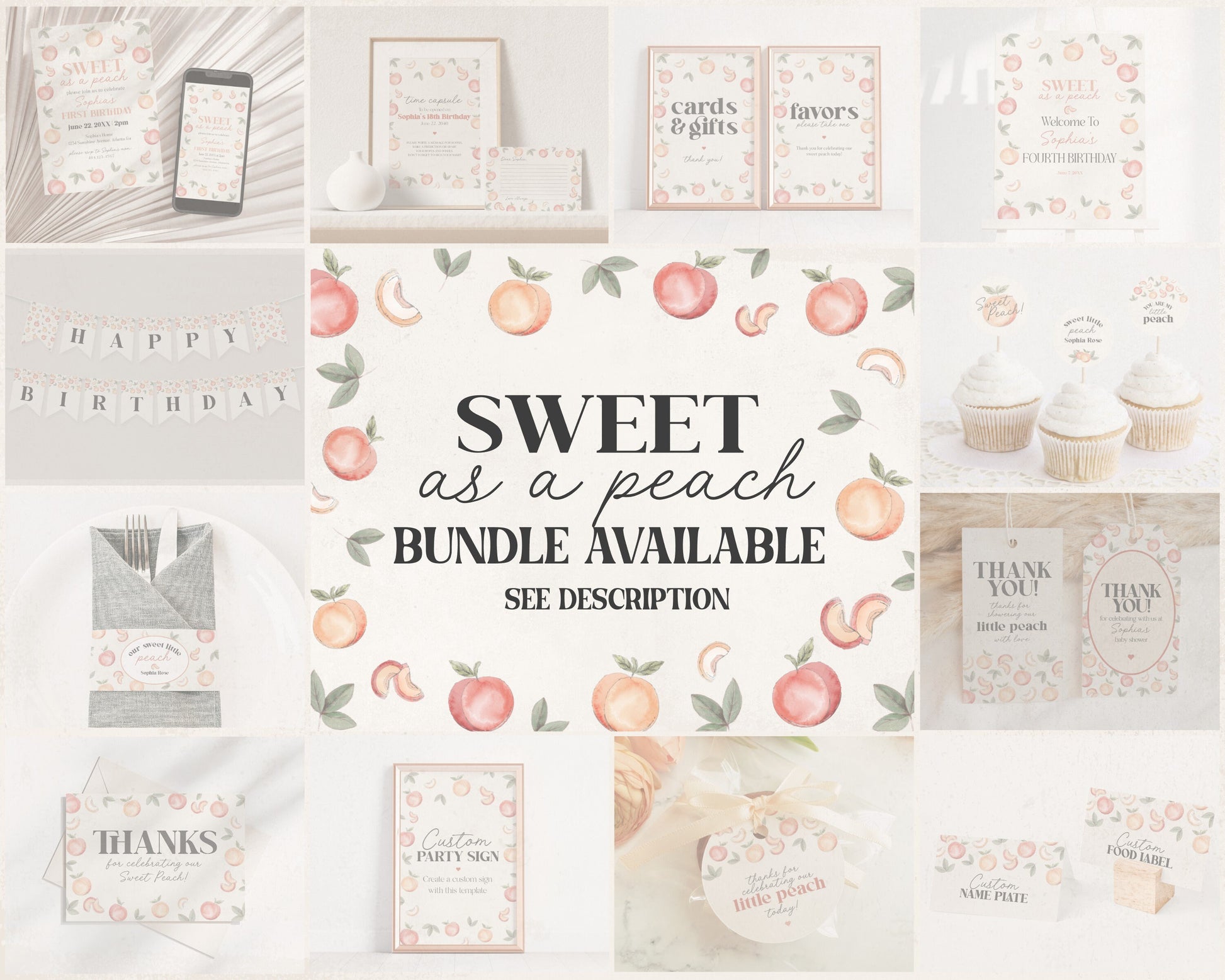 Sweet as a Peach Place Cards Printable Template, editable buffet food label name plate, peach baby shower, spring summer birthday party