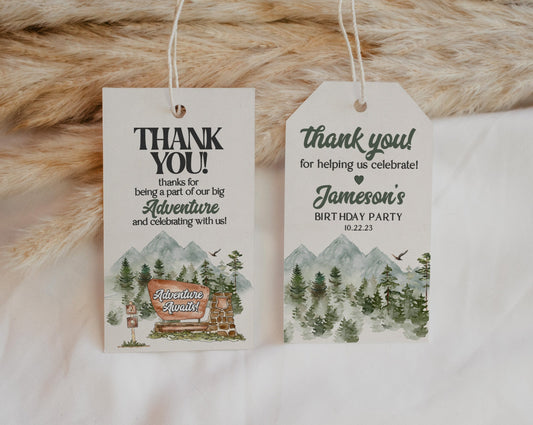 National Park Thank You Favor Tags Printable Template, woodland outdoor birthday party favors, rectangle tag fall summer camping birthday