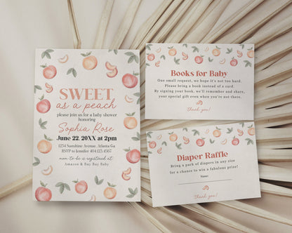 Sweet as a Peach Baby Shower Invitation Template, summer baby shower invite, boho baby shower for girl, sweet little peach invitation, books