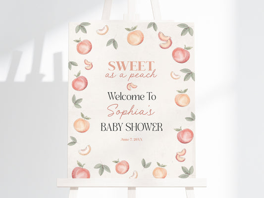 Sweet as a Peach Baby Shower Welcome Sign Template, girl baby shower, spring or summer baby shower peach shower a little peach is on the way