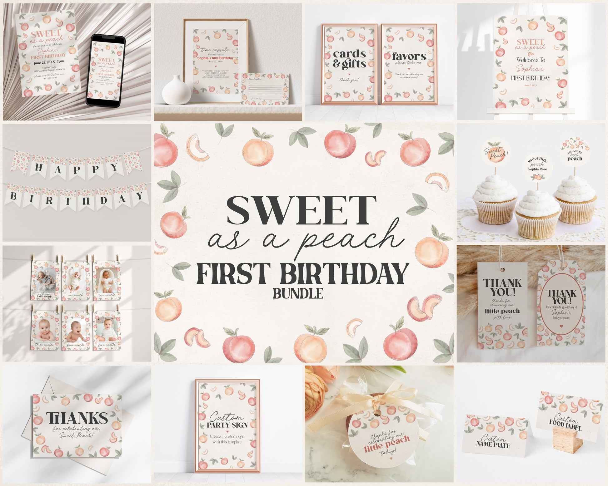 Sweet Little Peach is Turning One Sweet as a Peach First Birthday Bundle Printable, georgia peach birthday for girl, spring summer birthday