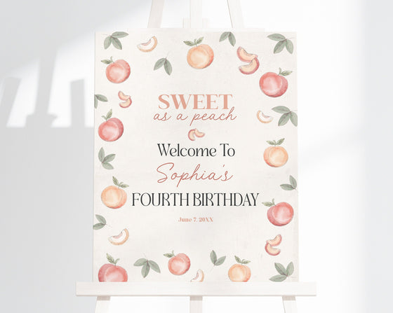 Sweet as a Peach Birthday Welcome Sign Printable, peach birthday party, girl birthday party, spring or summer birthday, fruit birthday party