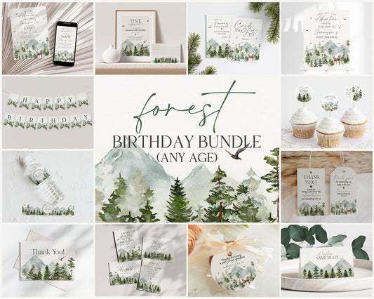 Forest Woodland First Birthday Bundle Printable, boy birthday Invitation Bundle, outdoor birthday party, summer birthday Adventure Awaits