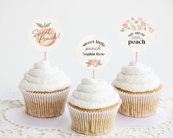 Sweet as a Peach Baby Shower or Birthday Cupcake Toppers Printable Template, spring or summer party, a little peach is on the way