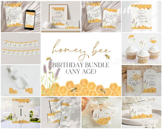 Honey Bee First Birthday Bundle Printable Template, Gender Neutral 1st Bee Day Invitation Bundle, Bumble Bee Birthday Package, Happy Bee Day