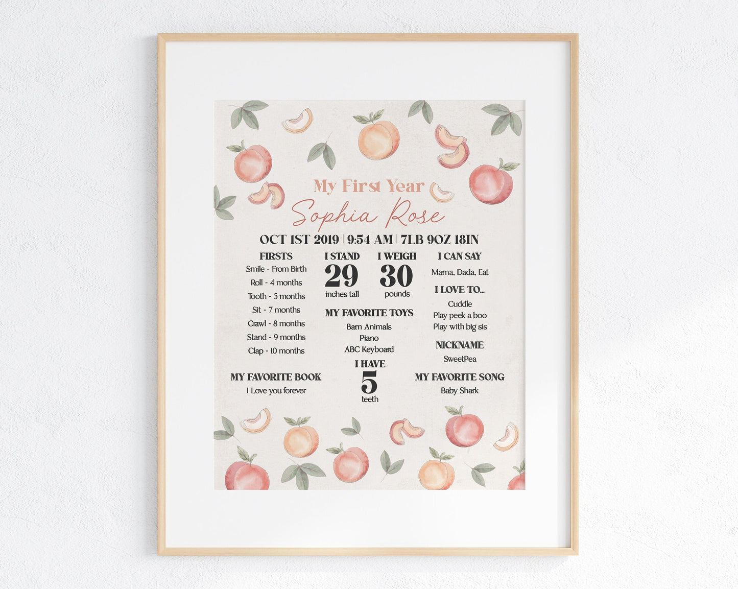 Sweet Peach first birthday Editable Birthday Milestone Keepsake gift, My first year Milestone Corjl, Baby's First Birthday Sign