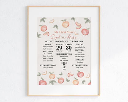 Sweet Peach first birthday Editable Birthday Milestone Keepsake gift, My first year Milestone Corjl, Baby's First Birthday Sign