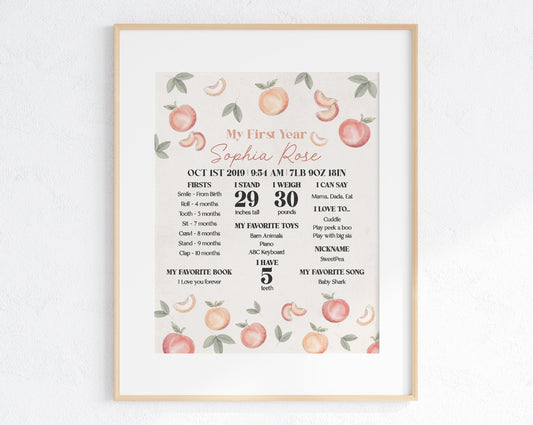 Sweet Peach first birthday Editable Birthday Milestone Keepsake gift, My first year Milestone Corjl, Baby's First Birthday Sign