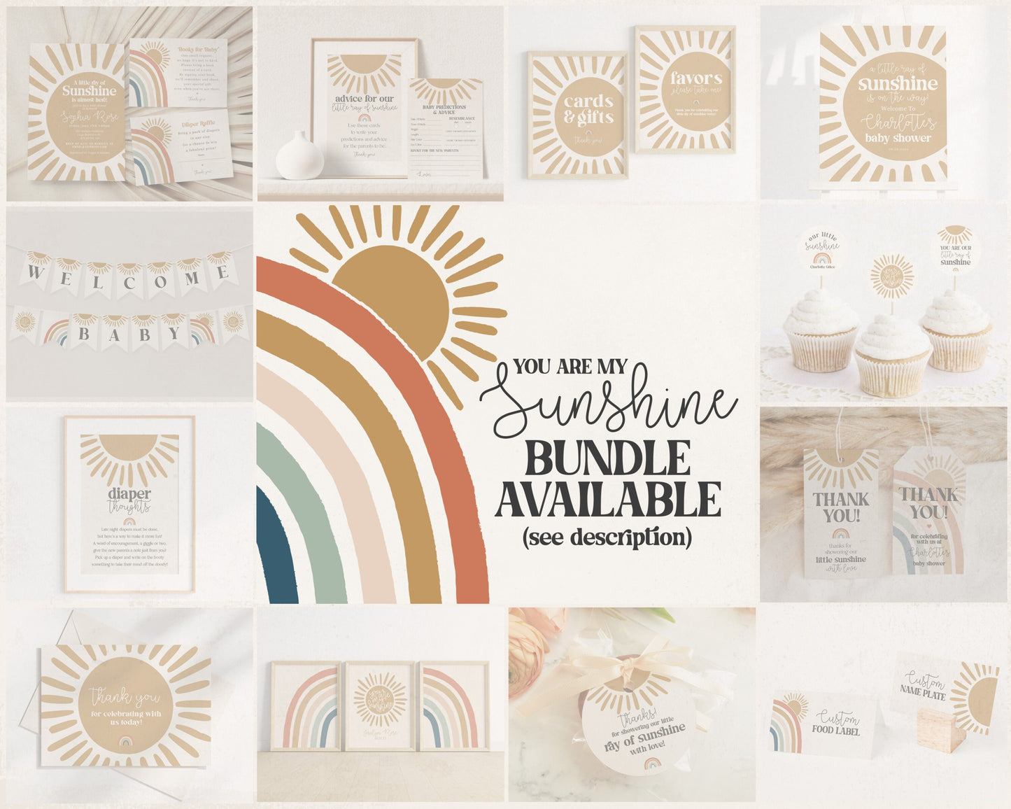 You are my Sunshine Place Cards Printable, editable guest name buffet food label, boho rainbow sunshine baby shower a little ray of sunshine