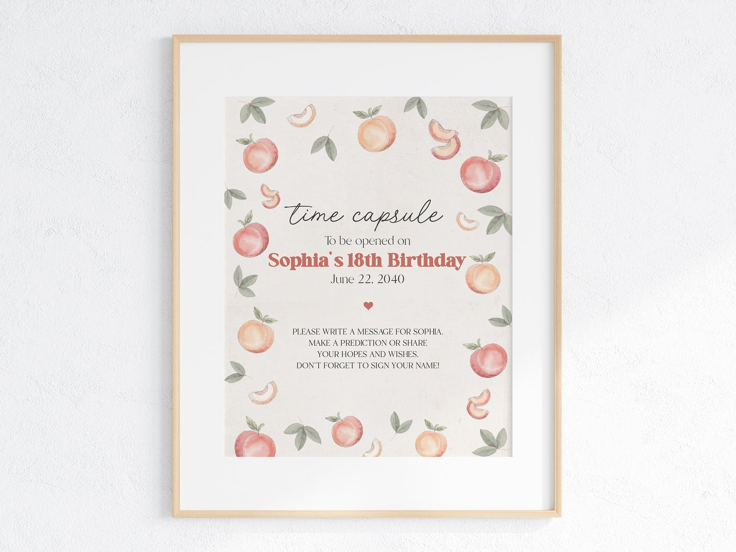 Sweet Peach is on the Way Time Capsule Printable Template, spring or summer peach baby shower, advice for baby, peach birthday for girl