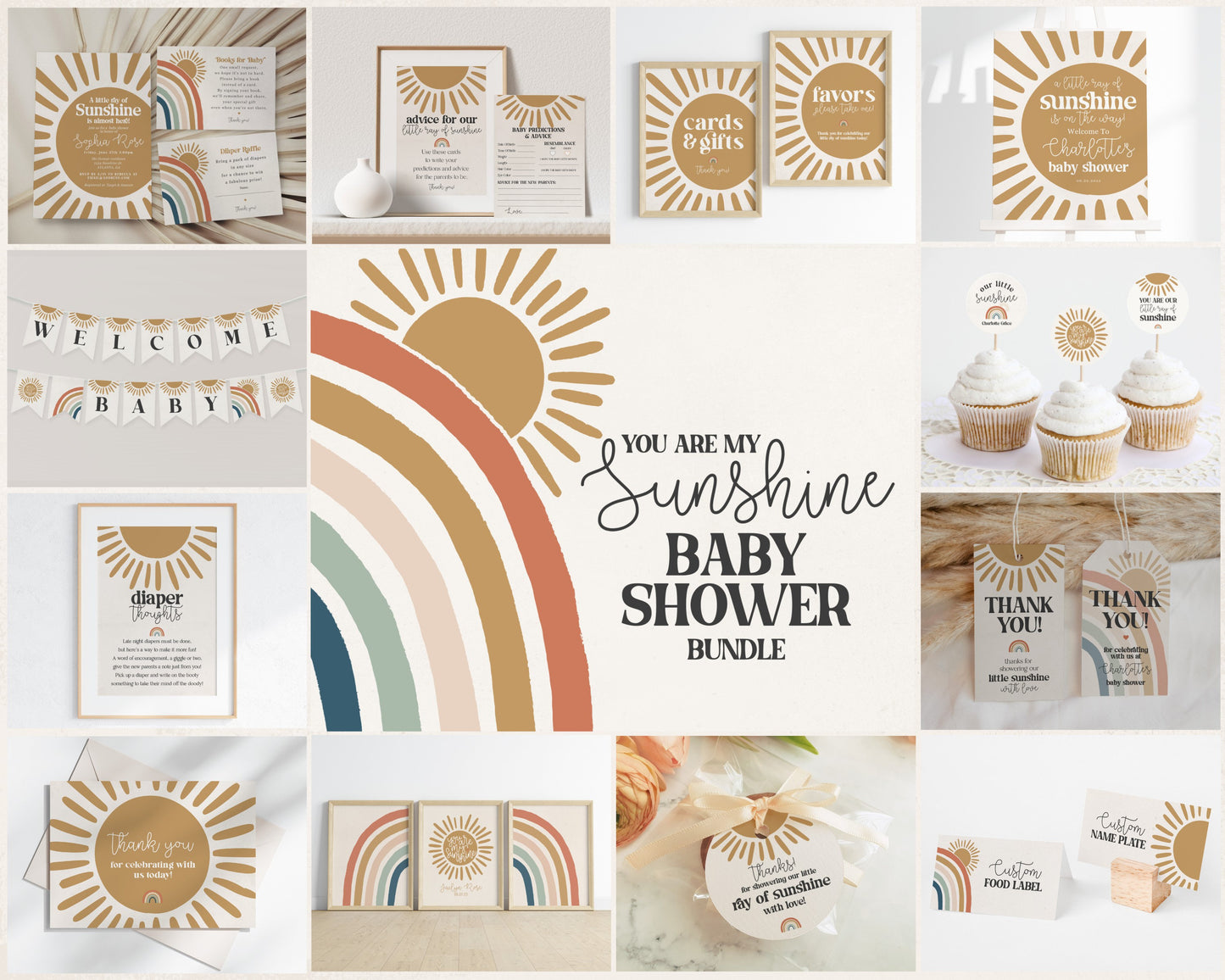 You are my Sunshine Boho Rainbow Baby Shower Bundle Printable, a little ray of sunshine is on the way, gender neutral baby shower template