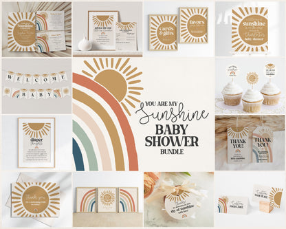 You are my Sunshine Boho Rainbow Baby Shower Bundle Printable, a little ray of sunshine is on the way, gender neutral baby shower template