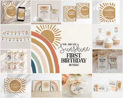 You are my Sunshine Boho Rainbow First Birthday Party Bundle Printable, invitation set template a little ray of sunshine birthday for girl