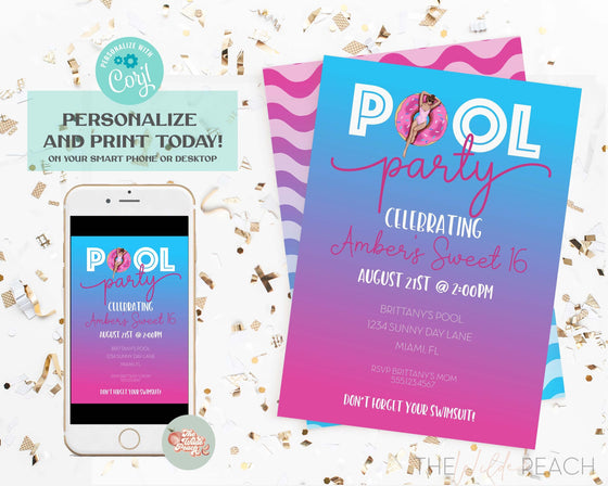 Ombre Pool Party Sweet 16 Pool Party Bundle Printable, teen girl summer birthday party INSTANT DOWNLOAD, pink ombre flamingo pool party
