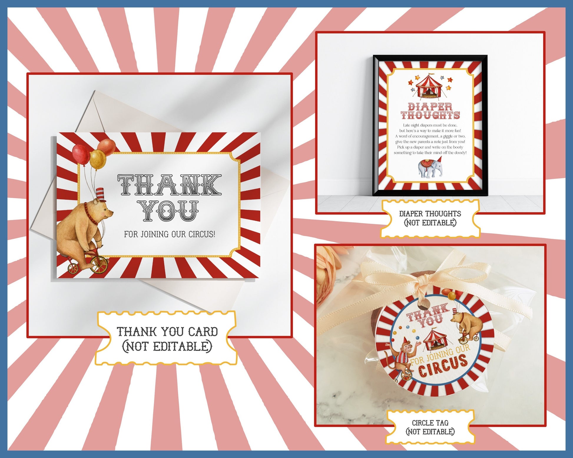 Circus Baby Shower Bundle Template, printable gender neutral carnival decorations with circus animals, instant download come one come all!