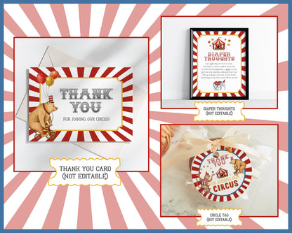 Circus Baby Shower Bundle Template, printable gender neutral carnival decorations with circus animals, instant download come one come all!