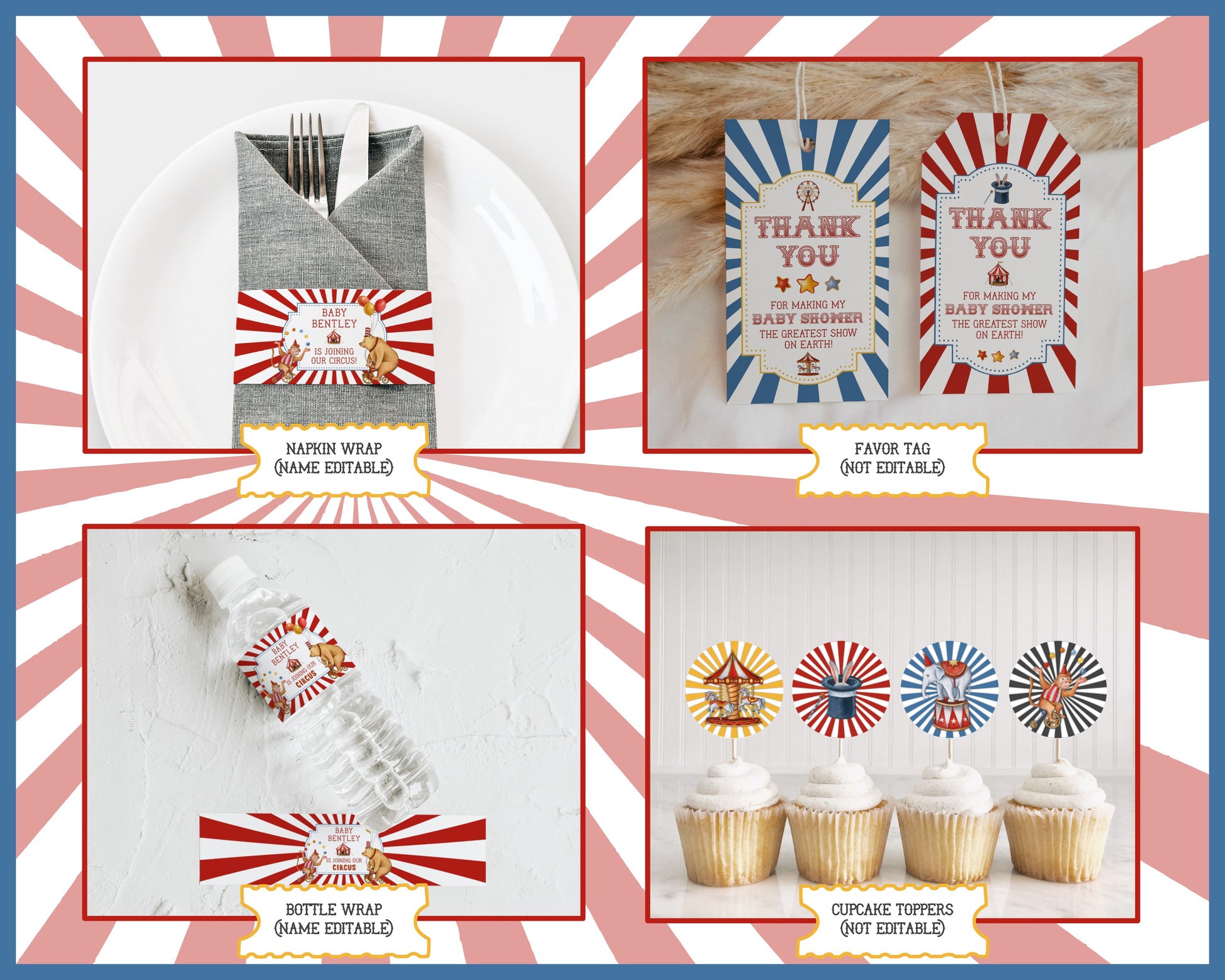 Circus Baby Shower Bundle Template, printable gender neutral carnival decorations with circus animals, instant download come one come all!