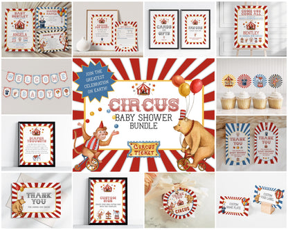 Circus Baby Shower Bundle Template, printable gender neutral carnival decorations with circus animals, instant download come one come all!