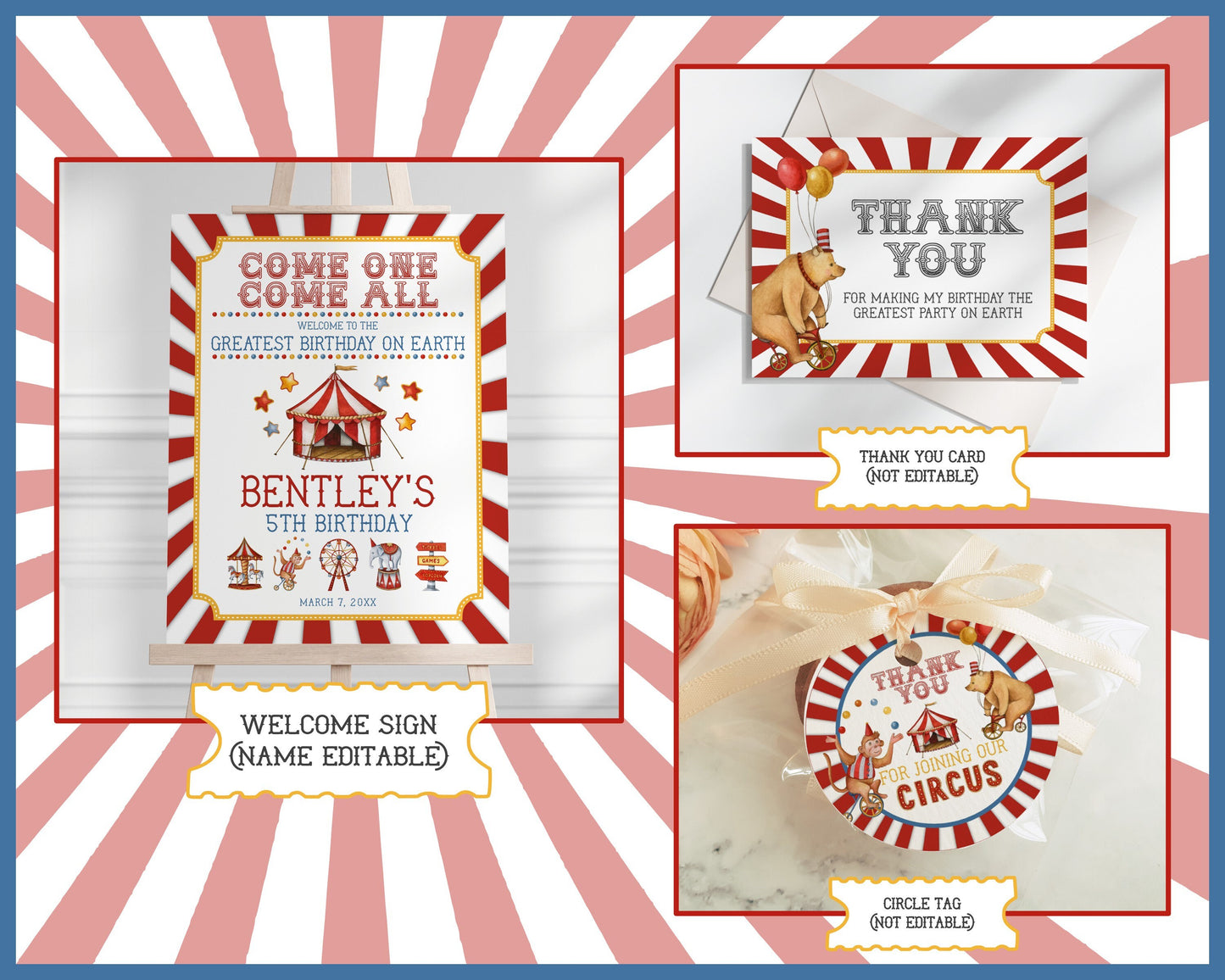 Circus theme Birthday Party Bundle Template, printable gender neutral carnival decorations with circus animals, editable instant download