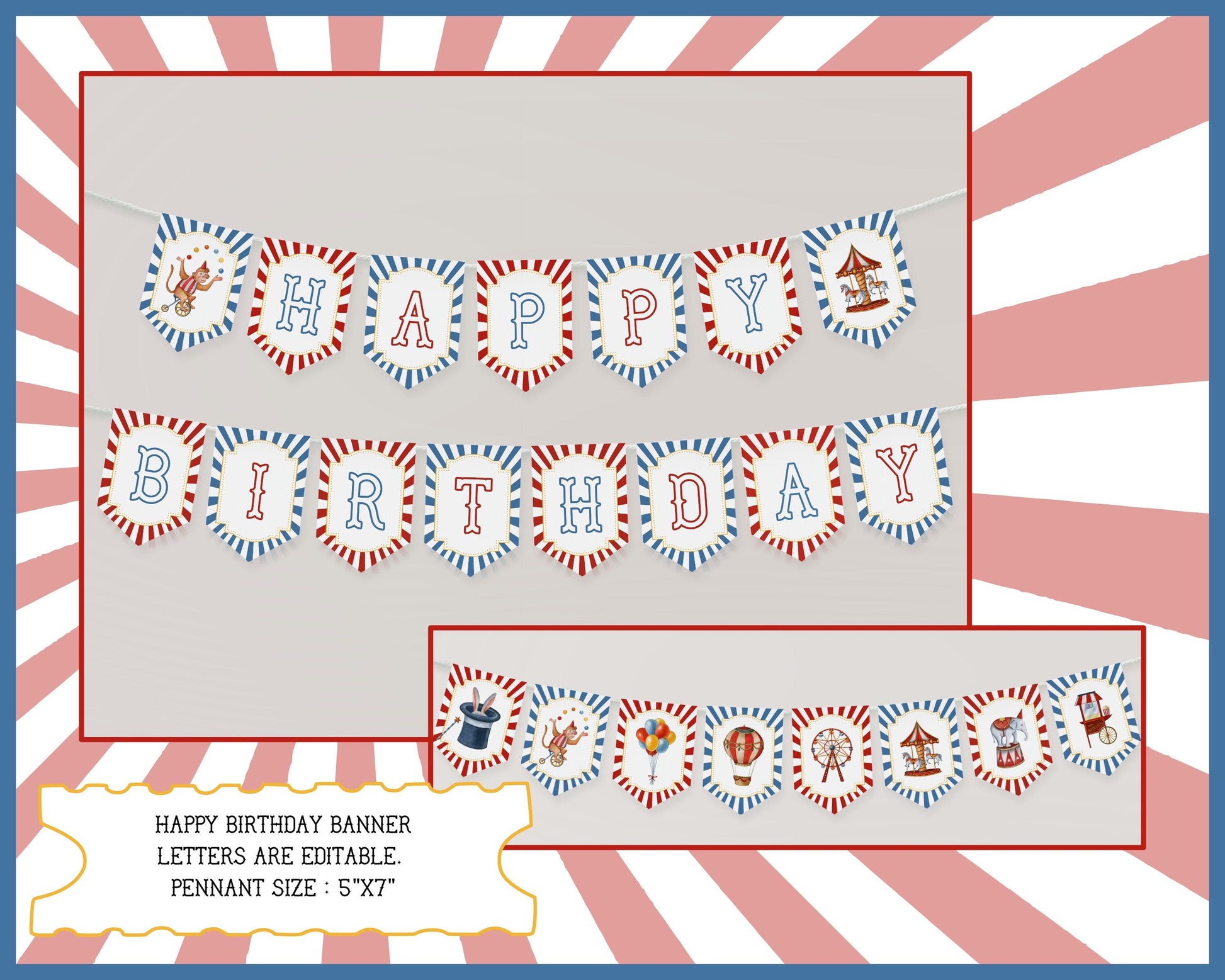 Circus Theme First Birthday Party Bundle Template, printable gender neutral carnival decor with circus animals, editable instant download