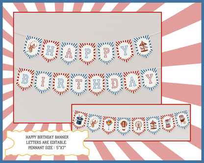 Circus Theme First Birthday Party Bundle Template, printable gender neutral carnival decor with circus animals, editable instant download