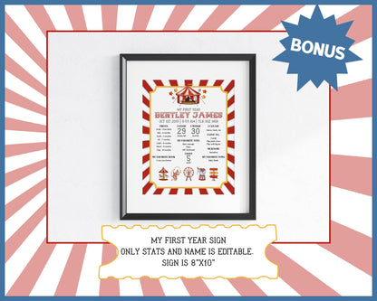 Circus Theme First Birthday Party Bundle Template, printable gender neutral carnival decor with circus animals, editable instant download