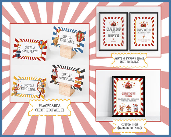 Circus Theme First Birthday Party Bundle Template, printable gender neutral carnival decor with circus animals, editable instant download