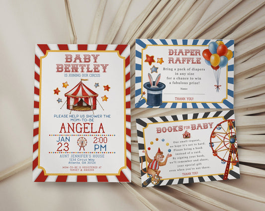 Circus Baby Shower Invitation Template, gender neutral Carnival theme baby shower party décor with circus animals, instant download